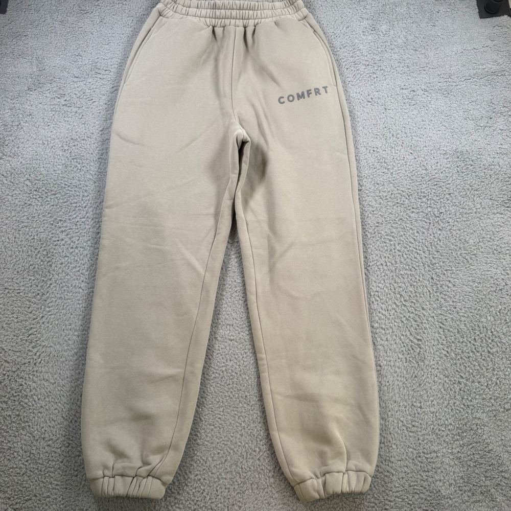 Comfrt Women Tan Beige High Rise Fleece Jogger Sweatpants Size S Relaxed Fit